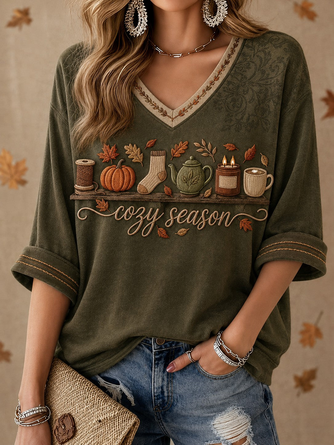 Women's Cozy Season Printed Mid-length Sleeves V-neck T-shirt