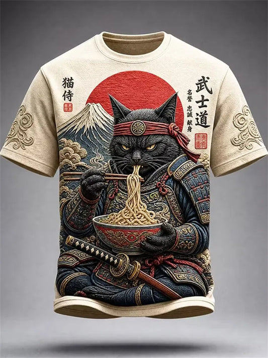Men's Japanese Samurai Cat Eating Ramen Print short sleeves t-shirt