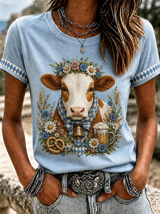 Women's Floral Cottagecore Cow Print Short Sleeve T-Shirt