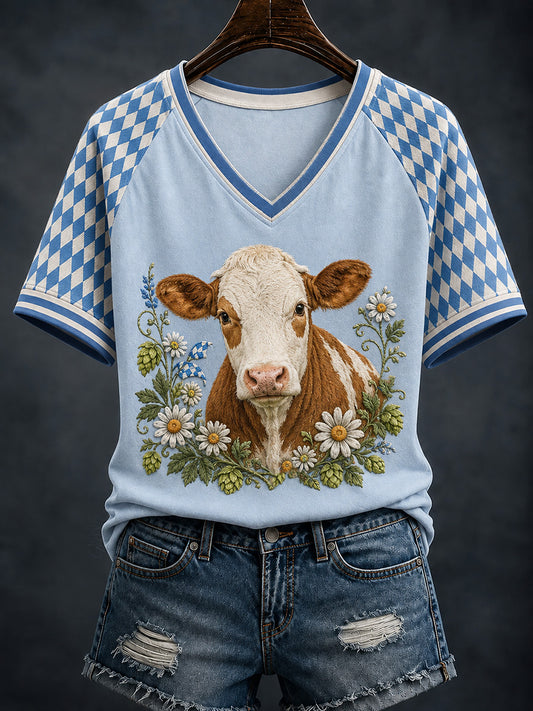 Women's Floral Cottagecore Cow Print Short Sleeve T-Shirt