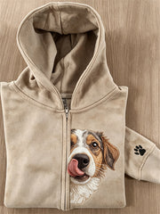 Women's Peeking Fuzzy Dog & Paw Print Full Zip Hoodie