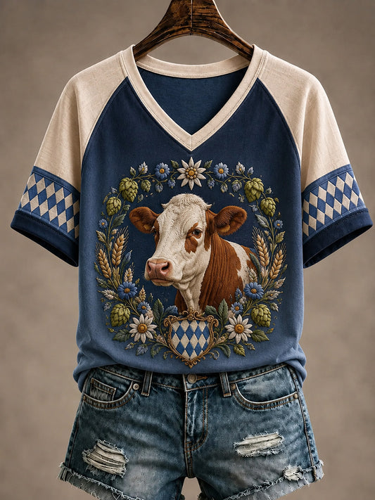Women's Floral Cottagecore Cow Print Short Sleeve T-Shirt