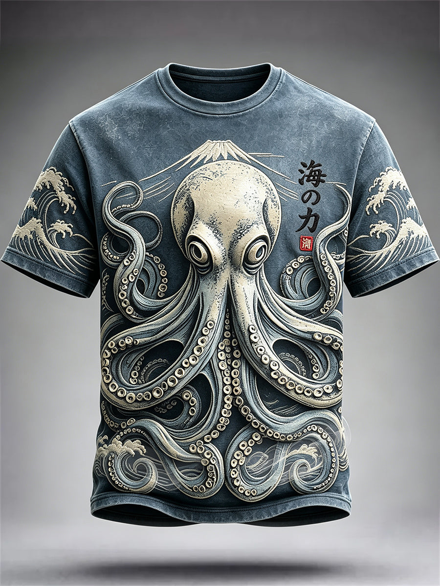 Men's Japanese Octopus & Sea Waves Print short sleeves t-shirt
