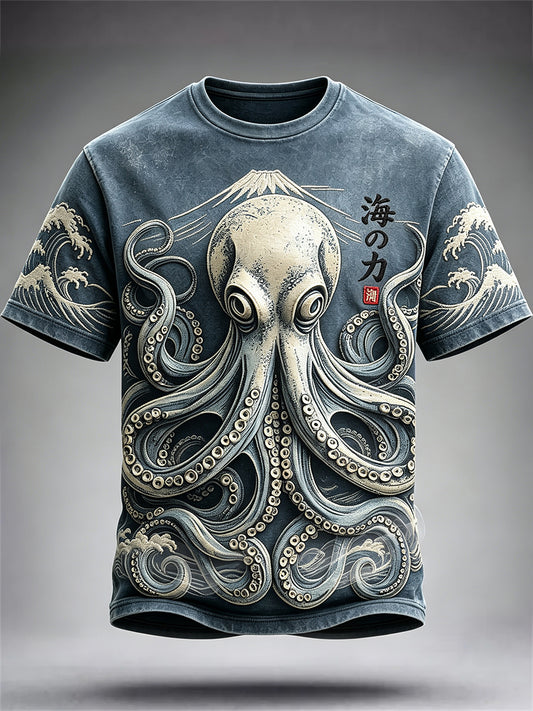 Men's Japanese Octopus & Sea Waves Print short sleeves t-shirt