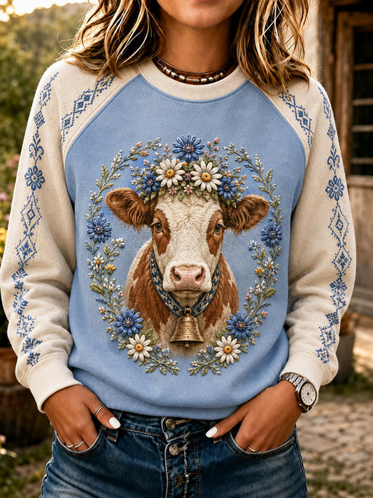 Women's Floral Cottagecore Cow Print Sweatshirt