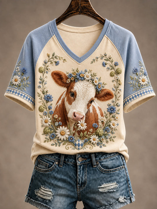 Women's Floral Cottagecore Cow Print Short Sleeve T-Shirt