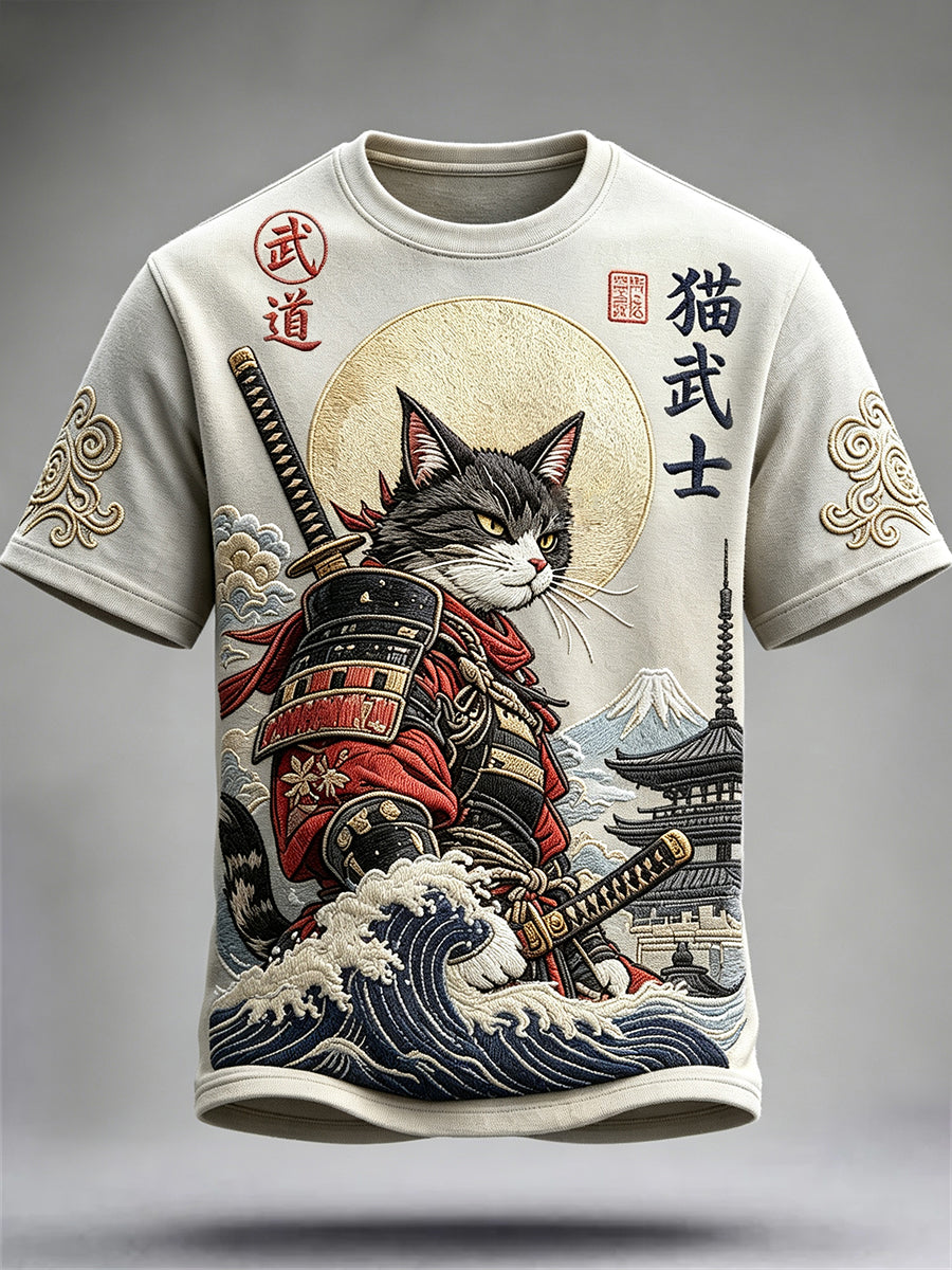 Men's Japanese Samurai Cat Full Moon Print short sleeves t-shirt