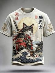 Men's Japanese Samurai Cat Full Moon Print short sleeves t-shirt