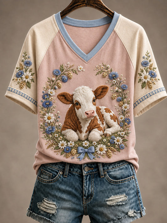 Women's Floral Cottagecore Cow Print Short Sleeve T-Shirt