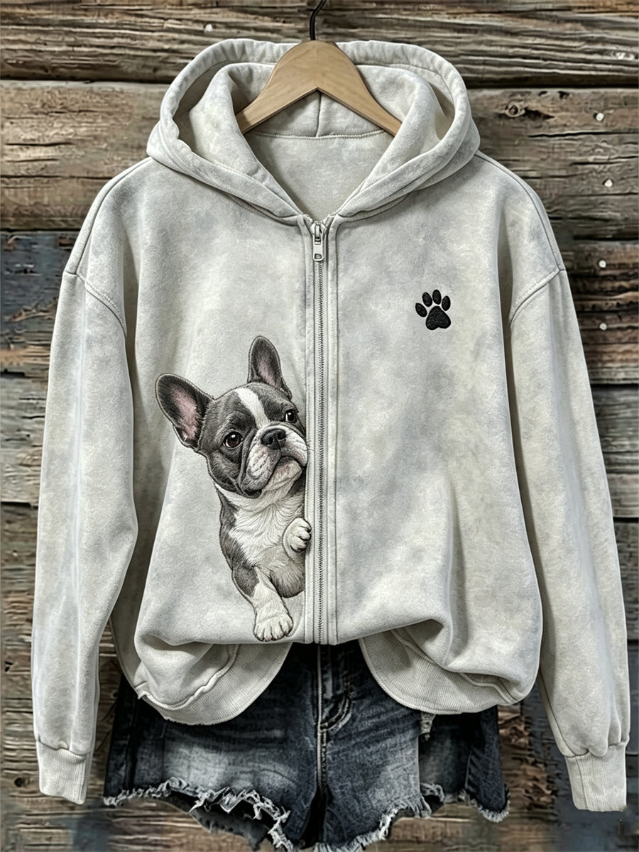 Women's Peeking French Bulldog & Paw Print Full Zip Hoodie