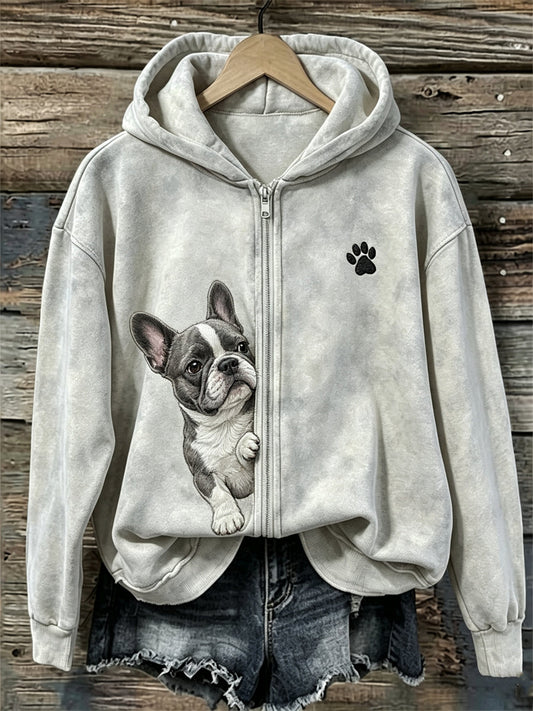 Women's Peeking French Bulldog & Paw Print Full Zip Hoodie
