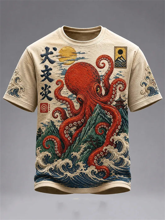 Men's Japanese Giant Octopus Mountain Sea Waves Landscape Print short sleeves t-shirt