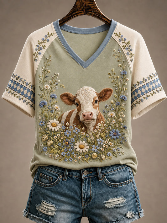 Women's Floral Cottagecore Cow Print Short Sleeve T-Shirt