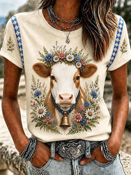 Women's Floral Cottagecore Cow Print Short Sleeve T-Shirt