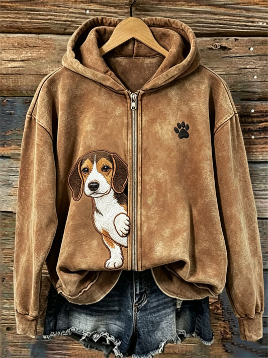 Women's Peeking Beagle Dog & Paw Print Full Zip Hoodie