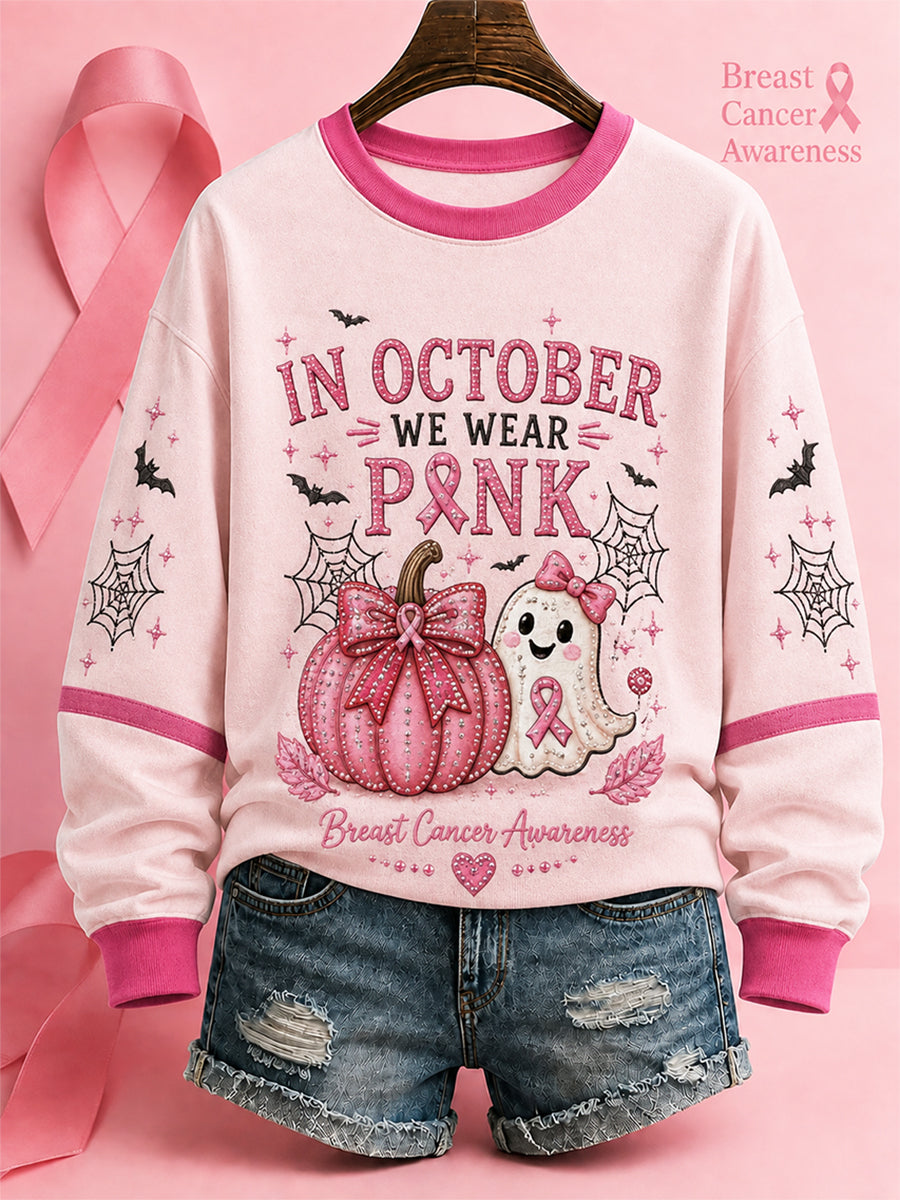 Women's"In October We Wear Pink" Breast Cancer Awareness Halloween Casual Regular Sweatshirt