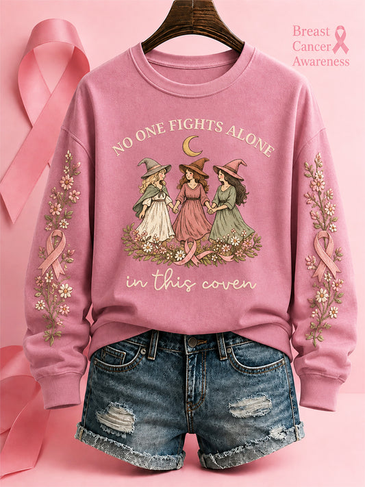 Women's"No One Fights Alone In This Coven" Breast Cancer Awareness Halloween Casual Regular Sweatshirt
