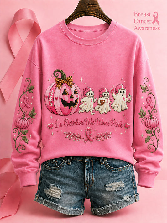 Women's"In October We Wear Pink" Breast Cancer Awareness Halloween Casual Regular Sweatshirt
