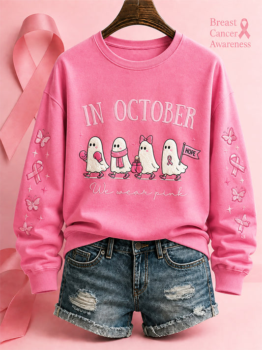Women's"In October We Wear Pink" Breast Cancer Awareness Halloween Casual Regular Sweatshirt