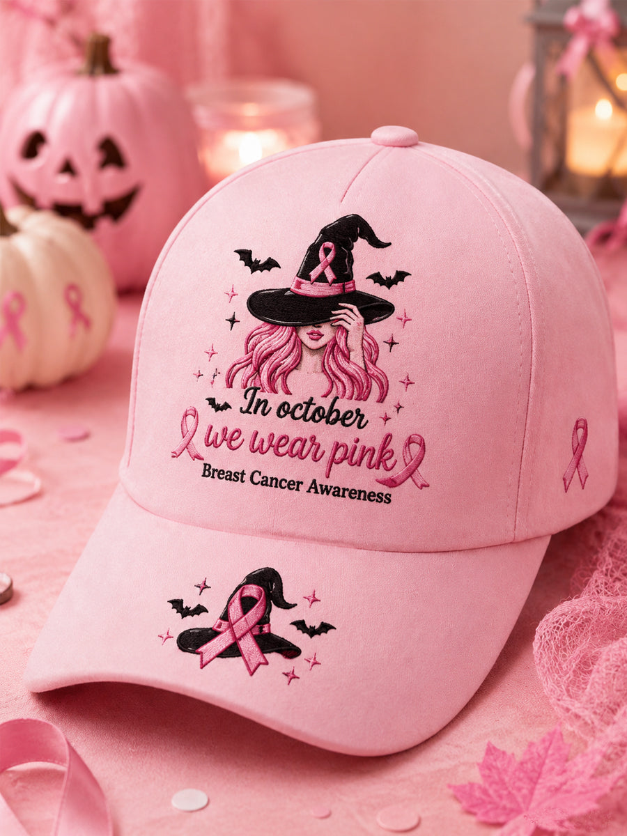 In October We Wear Pink Halloween Pink Witch Print Breast Cancer Awareness Support Hat