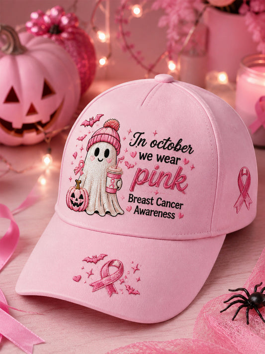 In October We Wear Pink Halloween Pink Ghost Print Breast Cancer Awareness Support Hat