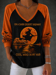 Women's Halloween Witch Pumpkin Bat V-neck Casual Long Sleeve Shirt