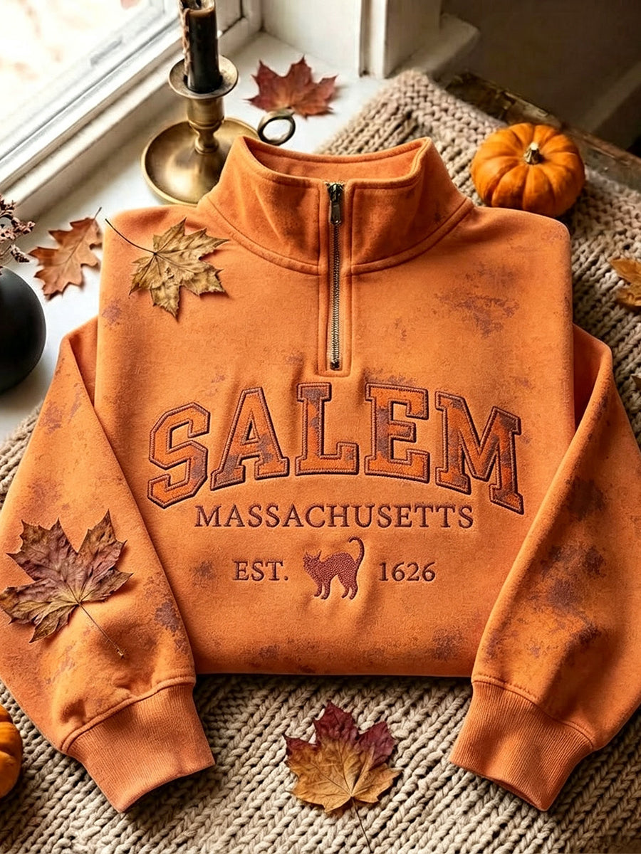 Women's Halloween Salem Print Comfy Zip Up Sweatshirt