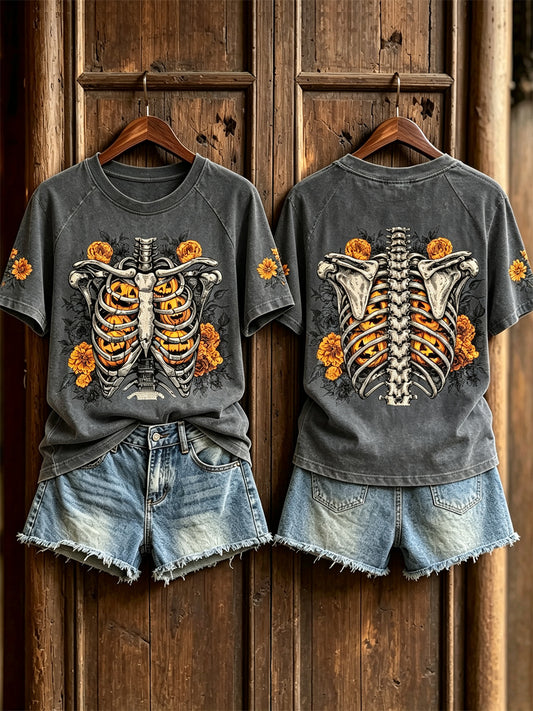 Women's Halloween Skeleton Rib Cage with Pumpkins Marigolds Floral Print short sleeve T-shirt