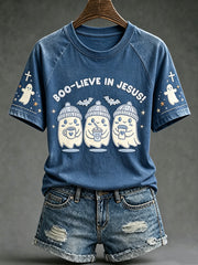 Women's retro faith theme Halloween element pattern printed casual short sleeve T-shirt