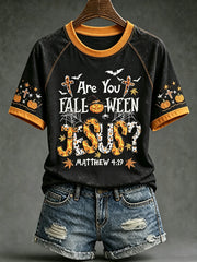 Women's retro faith theme Halloween element pattern printed casual short sleeve T-shirt