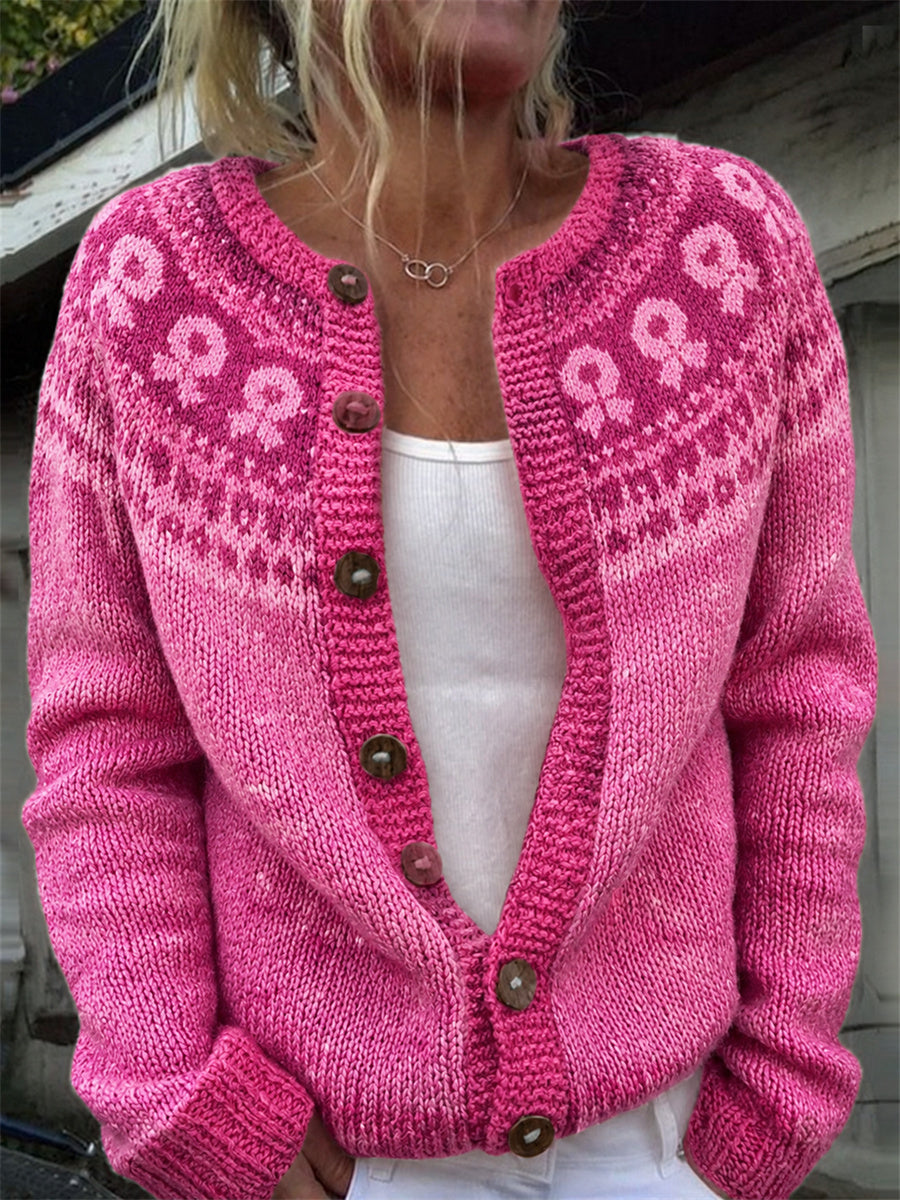 Women's Breast Cancer Awareness Pink Ribbon Yoke Isle Print Cozy Cardigan