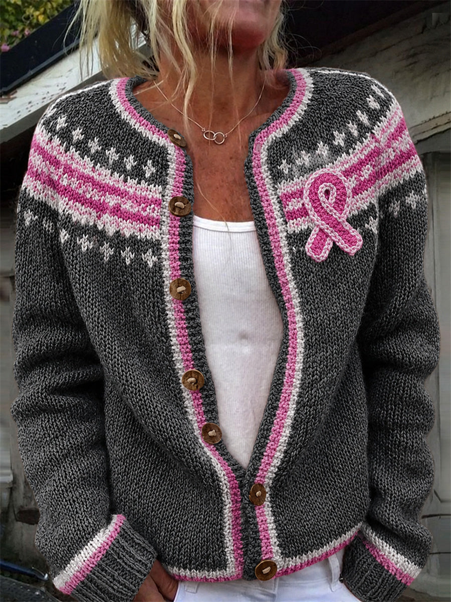 Women's Breast Cancer Awareness Pink Ribbon Yoke Print Cozy Cardigan