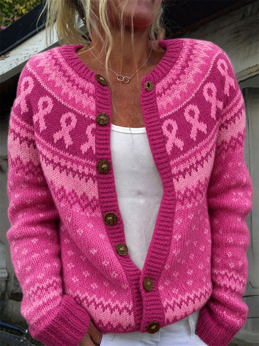 Women's Breast Cancer Awareness Pink Ribbon Yoke Isle Print Cozy Cardigan