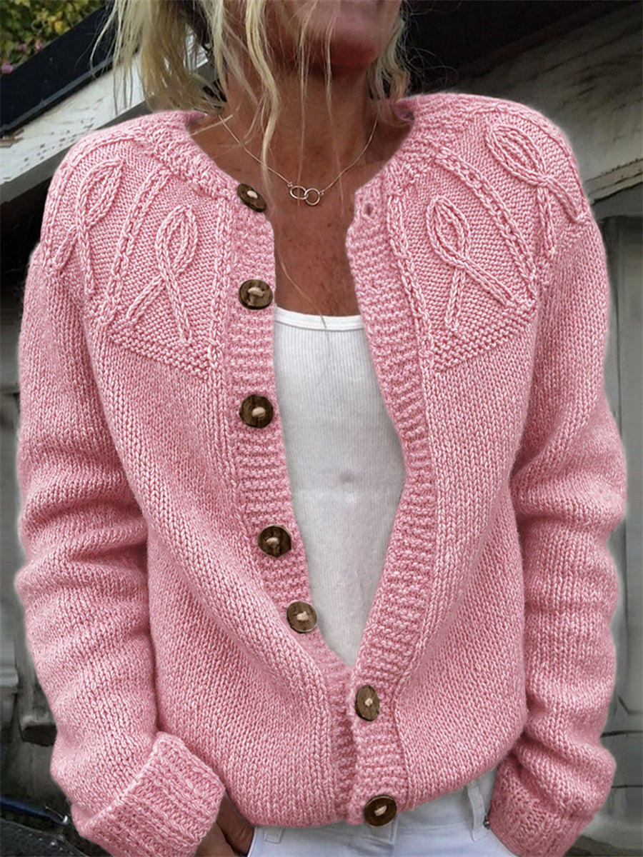 Women's Breast Cancer Awareness Pink Ribbon Yoke Print Cozy Cardigan