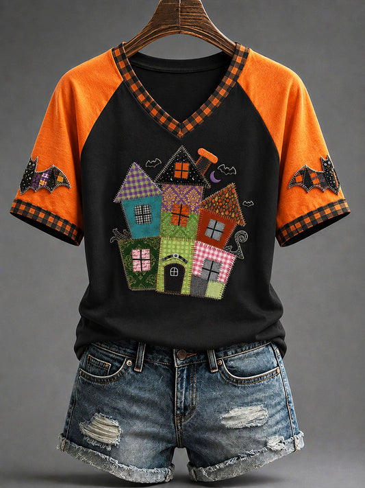 Women's Halloween Haunted House Gothic Art Print Casual T-shirt