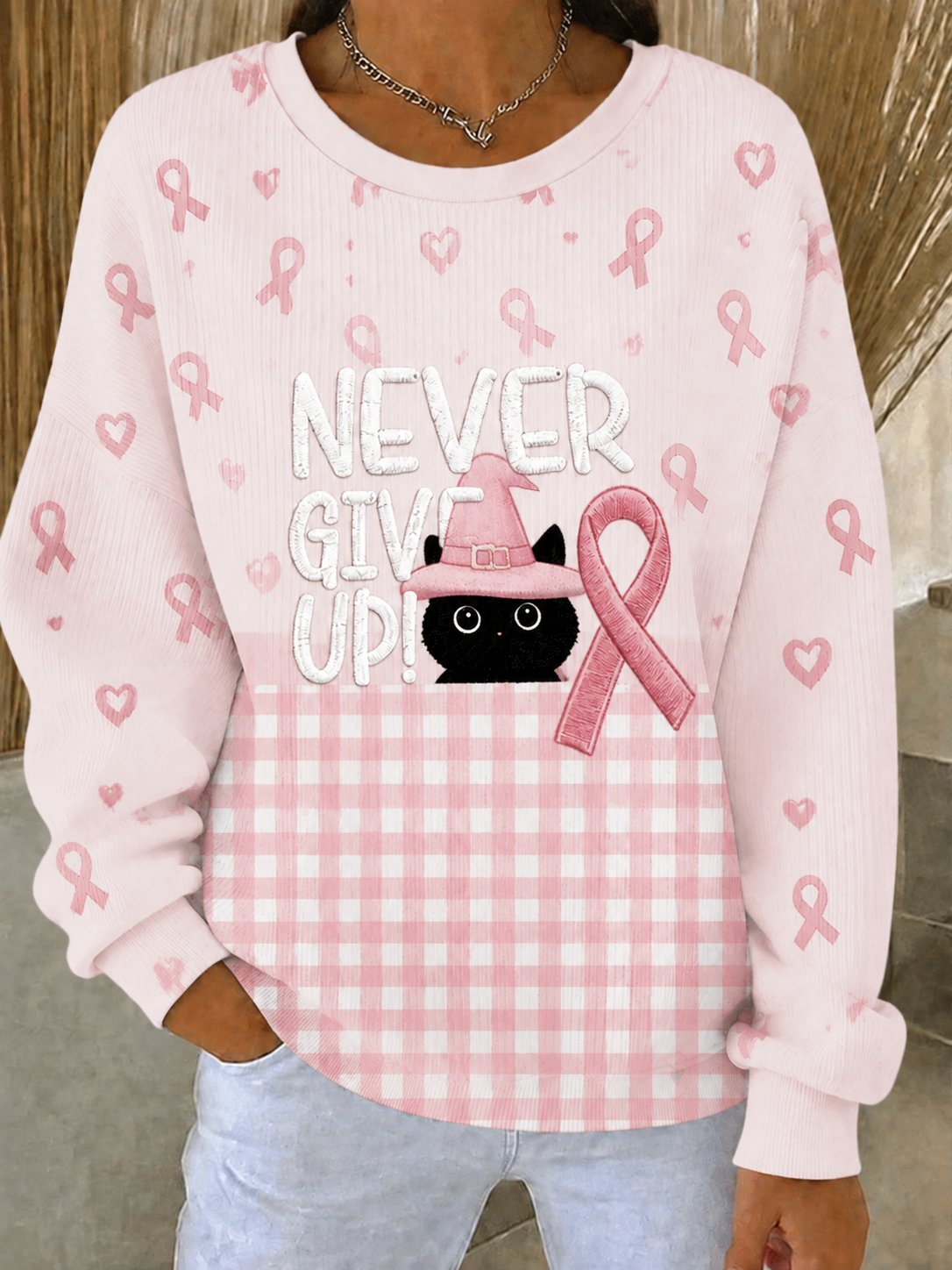 Women's Breast Cancer Ribbed Round-Neck Sweatshirt