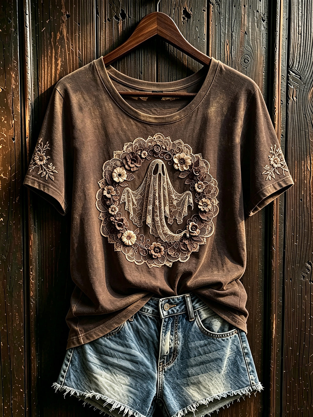 Women's Halloween Lace Boo Pattern Printed Casual Short Sleeve T-Shirt