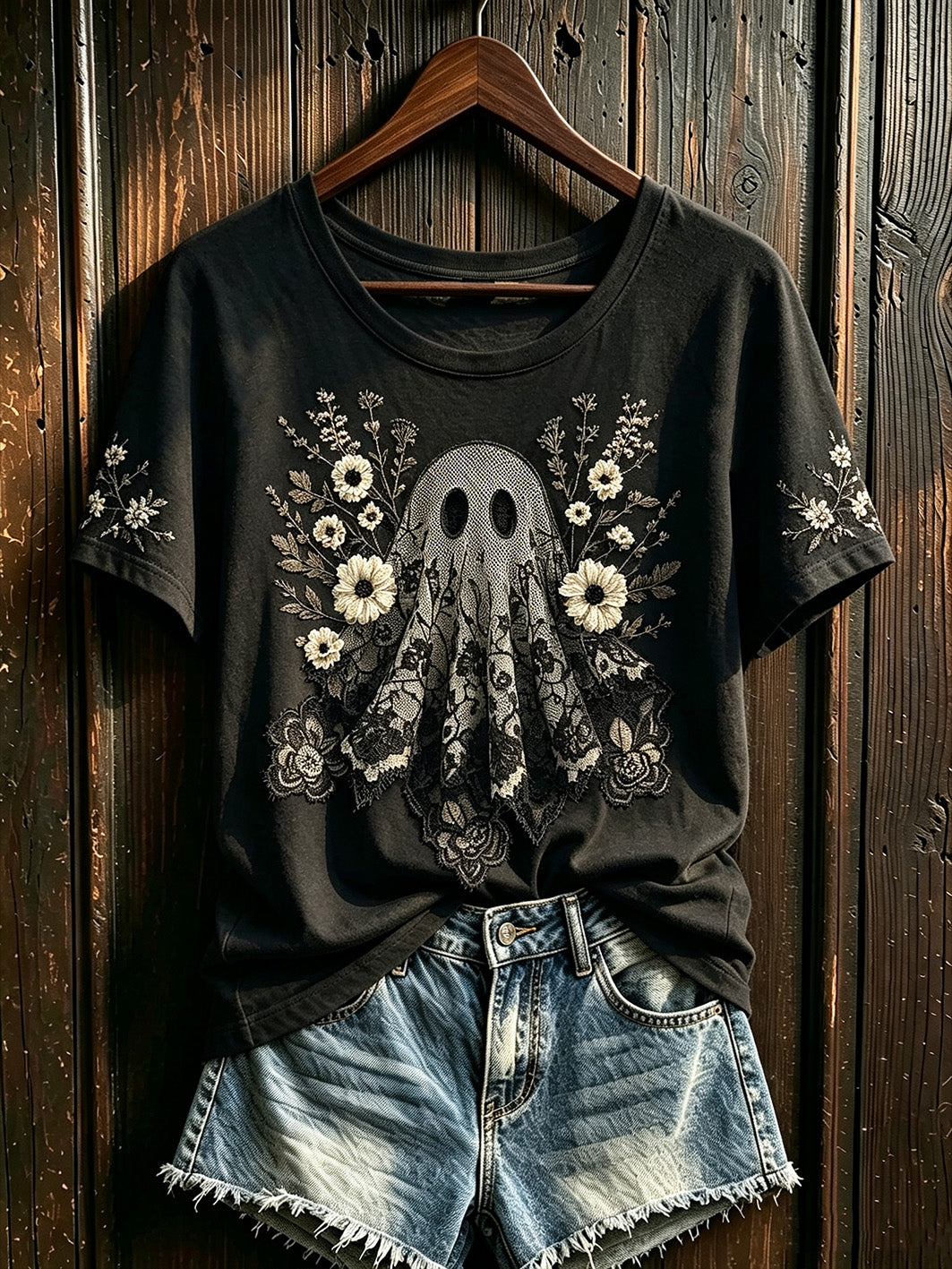 Women's Halloween Lace Boo Pattern Printed Casual Short Sleeve T-Shirt