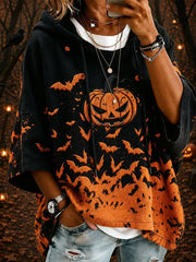 Women's Halloween Pumpkin Face Print Casual 3/4 Sleeve Hoodie