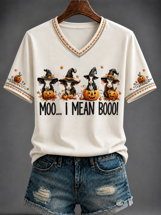 Women's Halloween Western “MOOO... I MEAN BOO!” Printed V-neck T-shirt