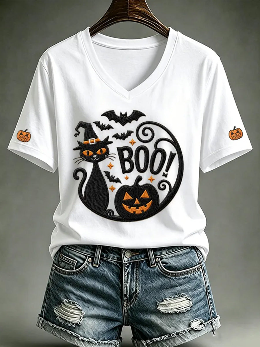 Women’s Halloween Black Cat Casual V-Neck Tee