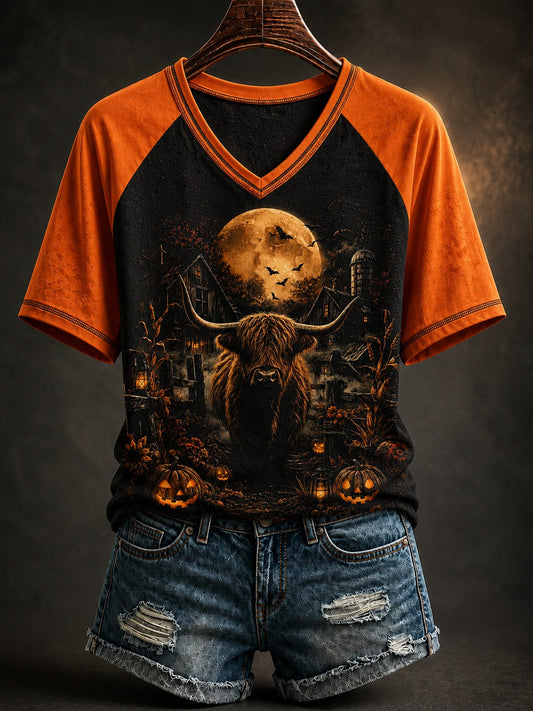 Women's Western Halloween Printed V-neck T-shirt