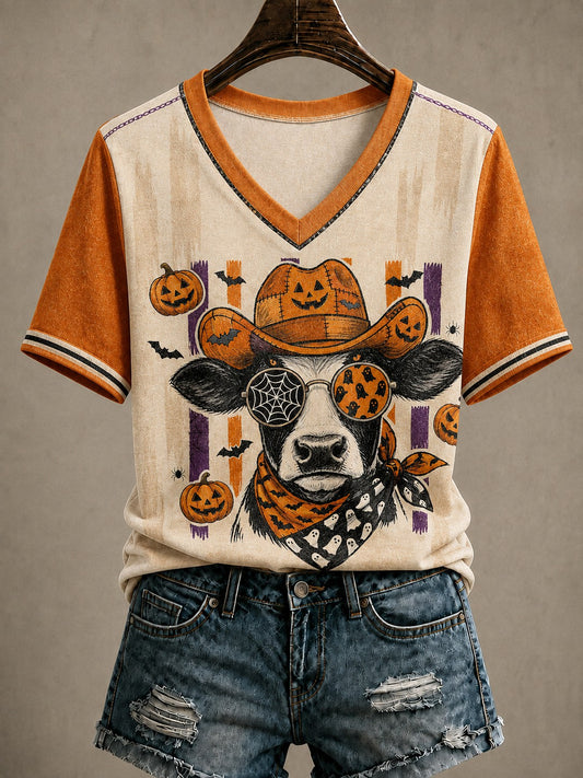 Women's Western Halloween Printed V-neck T-shirt