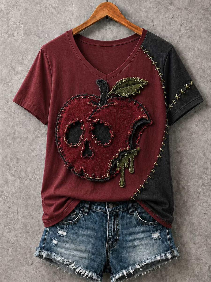 Women's Halloween Patchwork Print Casual V-Neck Tee