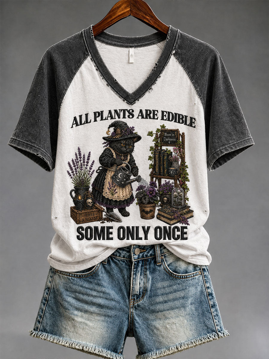 Women's "All Plants Are Edible Some Only Once" Halloween Cat Floral Print Casual T-shirt