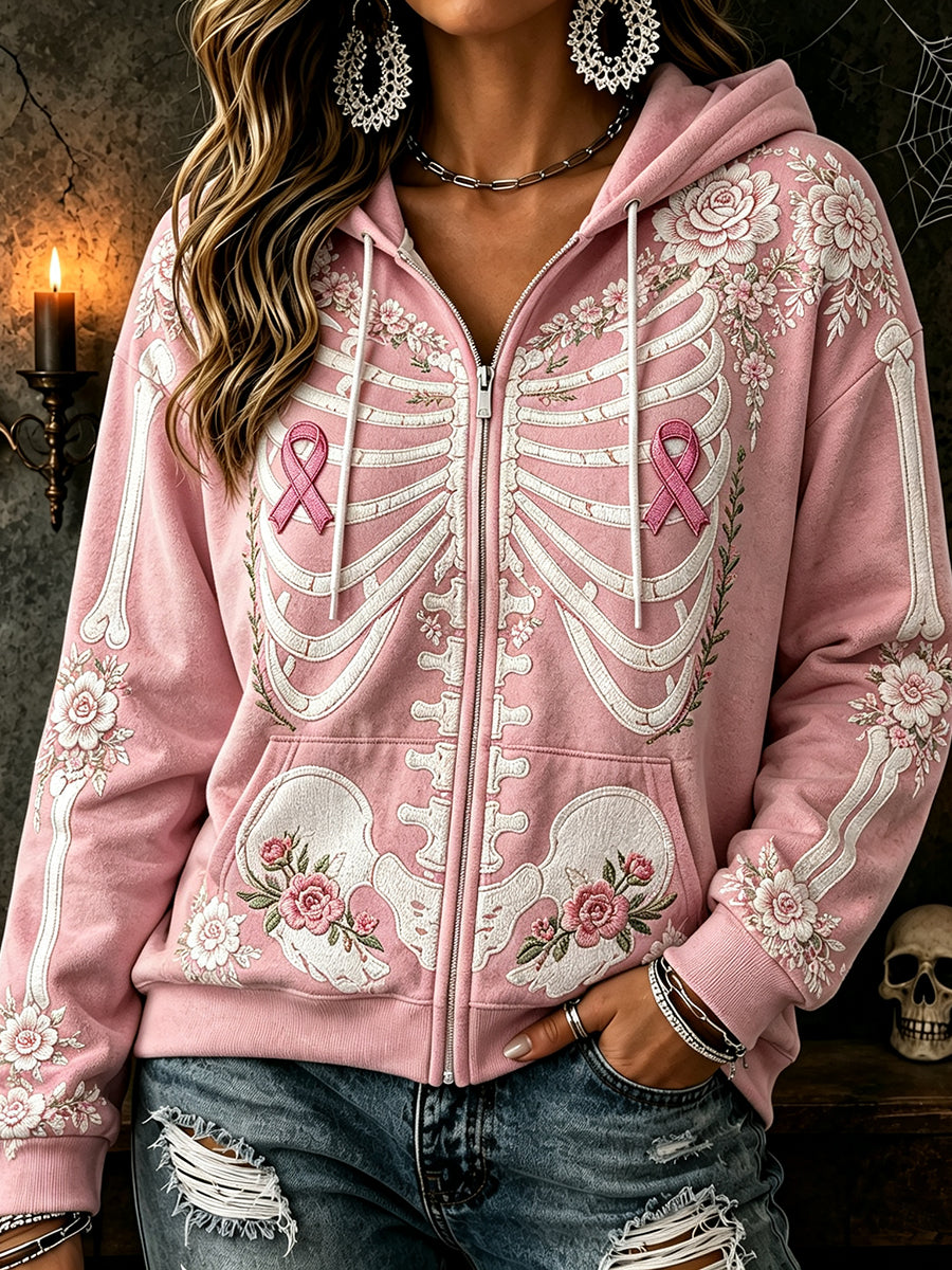 Women's Pink Ribbon Floral Skeleton Print Comfy Zip-Up Hoodie