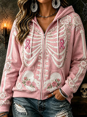 Women's Pink Ribbon Floral Skeleton Print Comfy Zip-Up Hoodie