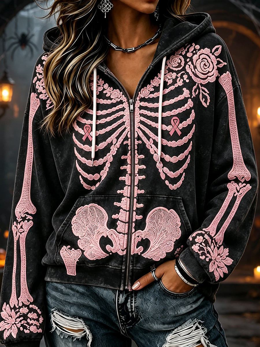Women's Pink Ribbon Floral Skeleton Print Comfy Zip-Up Hoodie
