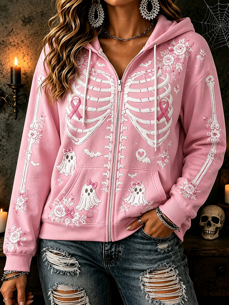 Women's Pink Ribbon Floral Skeleton Ghost Print Comfy Zip-Up Hoodie