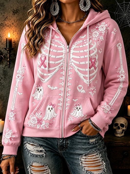Women's Pink Ribbon Floral Skeleton Ghost Print Comfy Zip-Up Hoodie